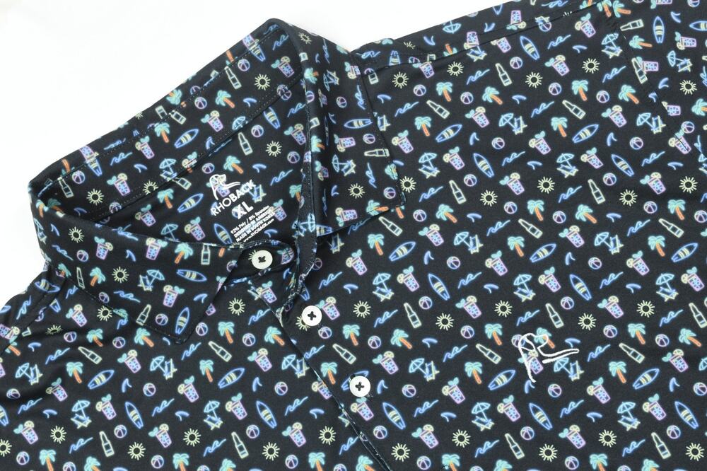 Rhoback The Beach Bar Print Golf Polo Shirt Mens XL Black Short Sleeve Stretch